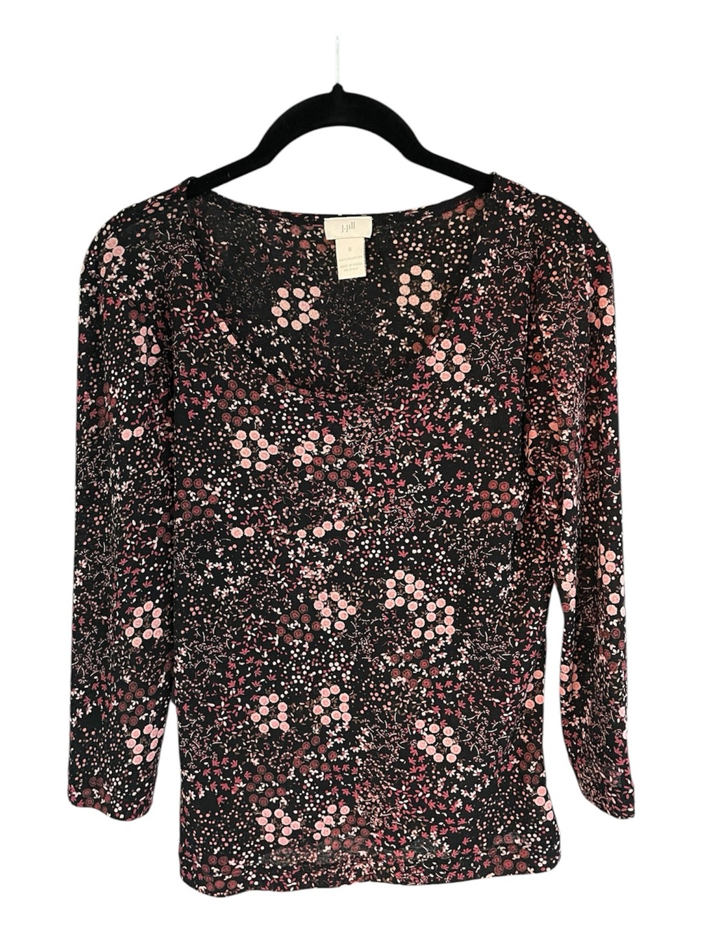 J. Jill Black/Pink 3/4” Sleeve Mesh Floral Scoop Neck Top - Size Small